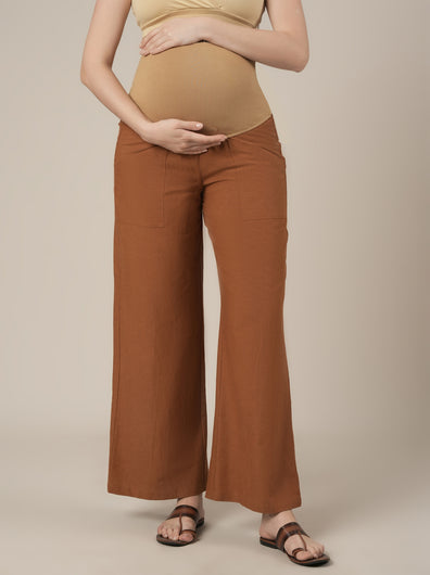 Maternity Cotton Linen Palazzo Pants-Brown