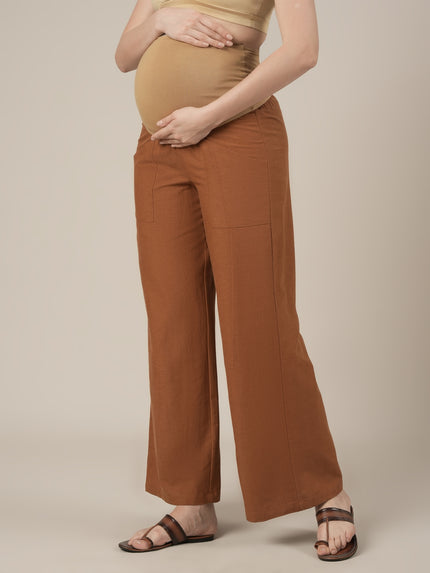 Maternity Cotton Linen Palazzo Pants-Brown