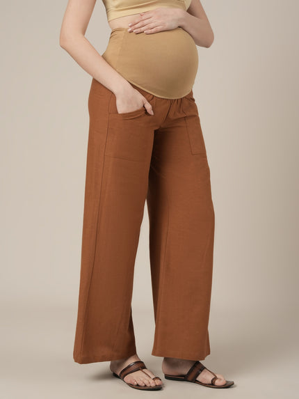 Maternity Cotton Linen Palazzo Pants-Brown