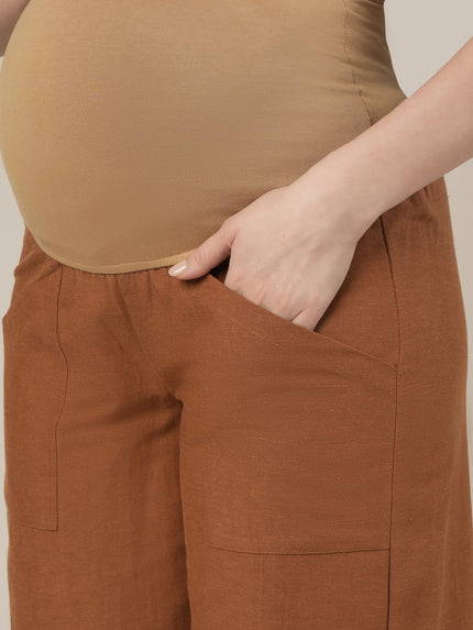 Maternity Cotton Linen Palazzo Pants-Brown