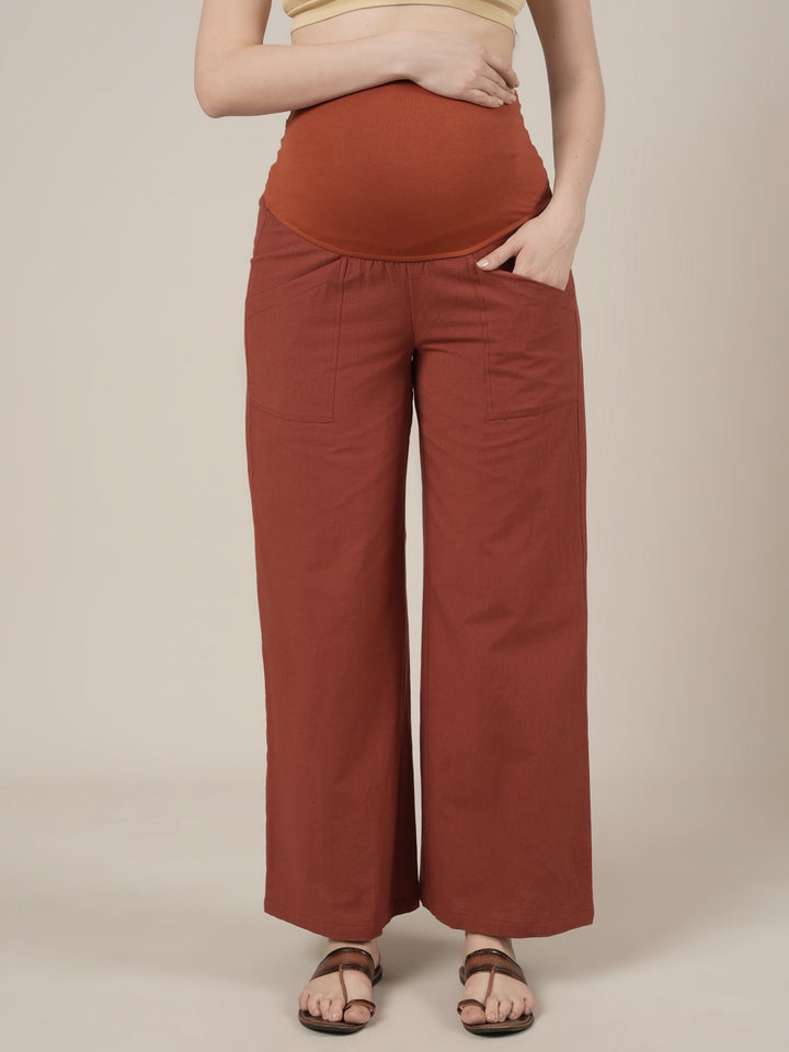 Maternity Cotton Linen Palazzo Pants-Rust
