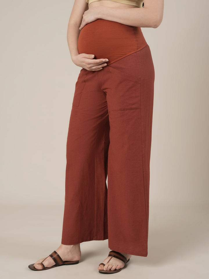 Maternity Cotton Linen Palazzo Pants-Rust