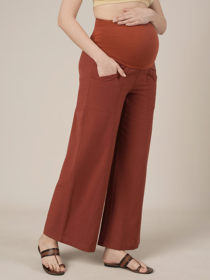 Maternity Cotton Linen Palazzo Pants-Rust