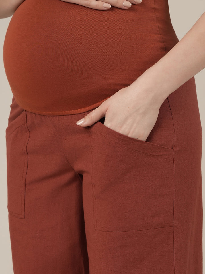 Maternity Cotton Linen Palazzo Pants-Rust