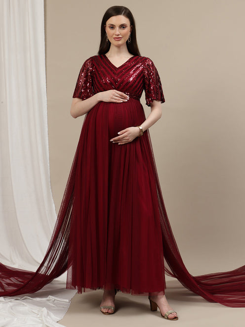 Maternity Photoshoot Red Maxi Gown with Detachable Trail