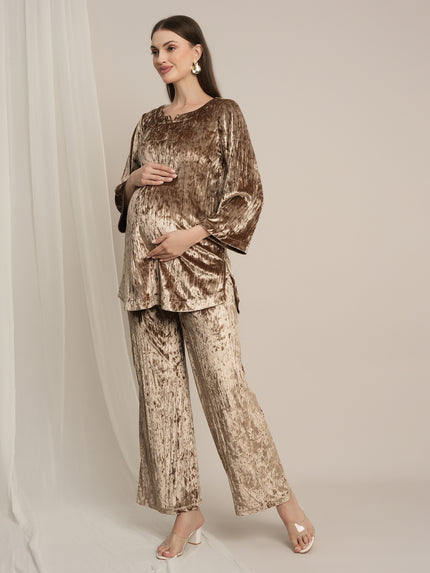 Golden Maternity Velvet Party Wear Co-ord Set with Palazzo