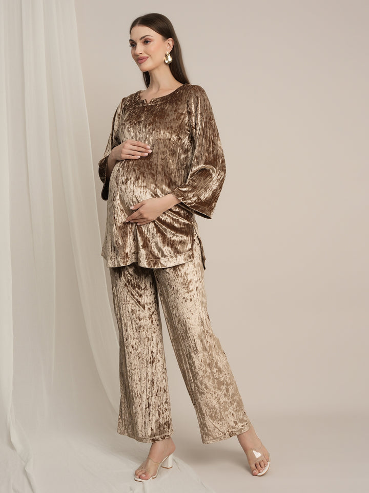 Golden Maternity Velvet Party Wear Co-ord Set with Palazzo