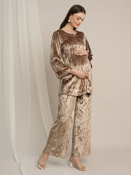 Golden Maternity Velvet Party Wear Co-ord Set with Palazzo