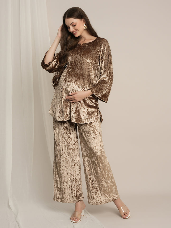 Golden Maternity Velvet Party Wear Co-ord Set with Palazzo