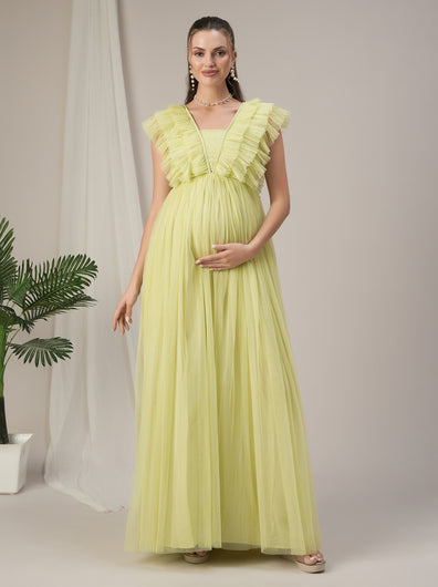 Flared Ruffle Maternity Party Gown Green