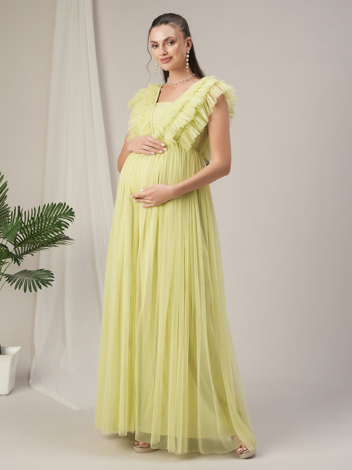 Flared Ruffle Maternity Party Gown Green