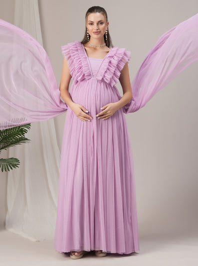 Maternity Flared Ruffle Gown with Detachable Train Light Purple