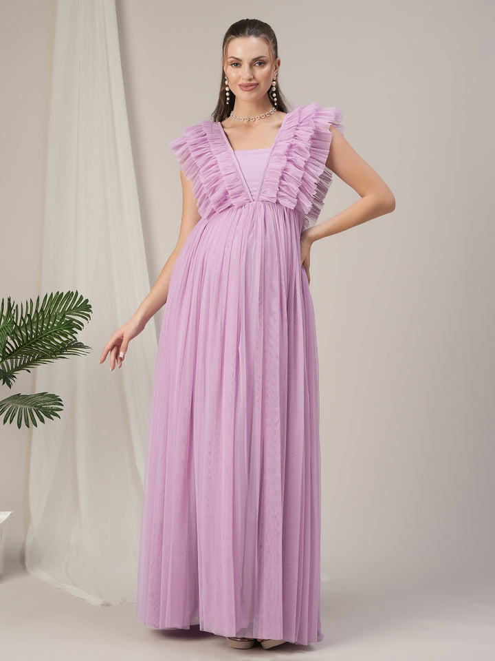 Flared Ruffle Maternity Party Gown Light Purple