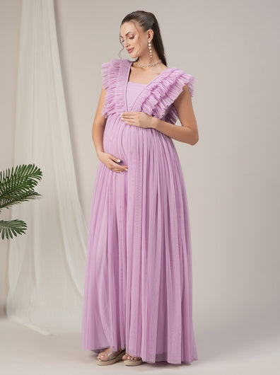 Flared Ruffle Maternity Party Gown Light Purple