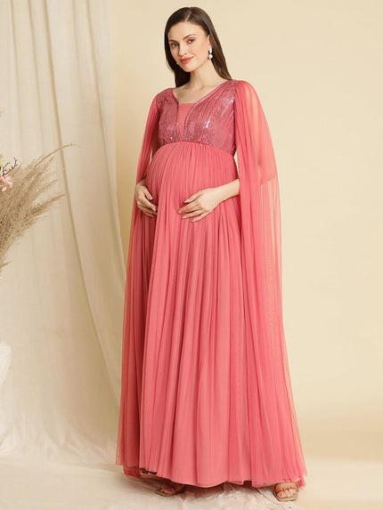 pink maternity dress with cape Blush Pleated Cape Maternity Midi Dress