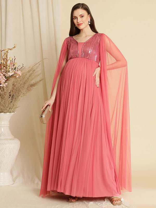 Buy Flamingo Pink Sequins Embroidered Net Reception Gown Online | Samyakk