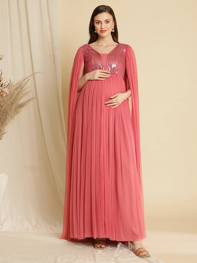 Sequin Cape Sleeve Maternity Party Dress- Pink