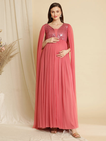 Sequin Cape Sleeve Maternity Party Dress- Pink Sequin Cape Sleeve Maternity Party Dress- Pink