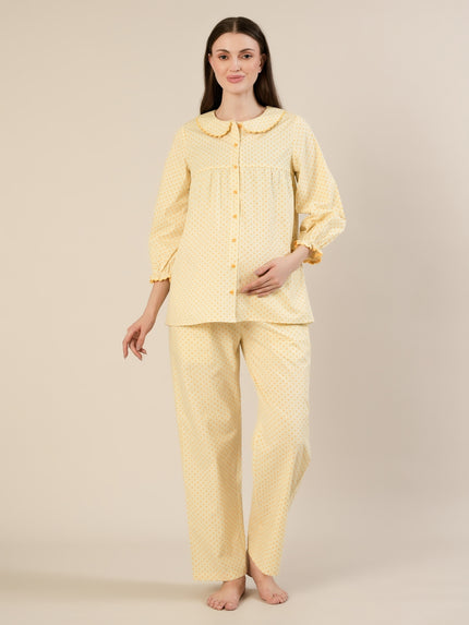 Maternity & Nursing Yellow Polka Dot Cotton Night Suit Set