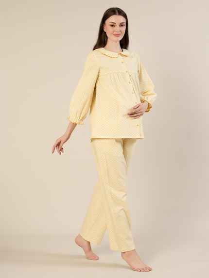 Maternity & Nursing Yellow Polka Dot Cotton Night Suit Set