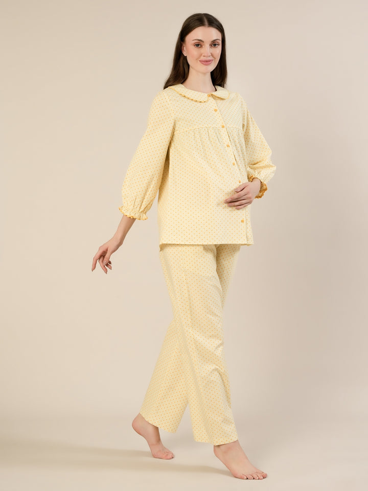 Maternity & Nursing Yellow Polka Dot Cotton Night Suit Set