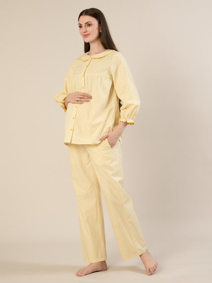 Maternity & Nursing Yellow Polka Dot Cotton Night Suit Set