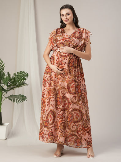 Maternity & Nursing Peach Kaftan Maxi Dress