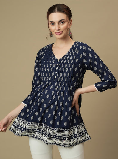 Maternity Printed V-Neck Blue Tunic