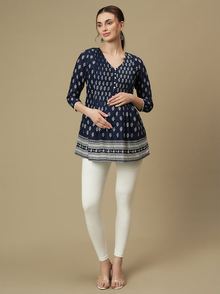 Maternity Printed V-Neck Blue Tunic