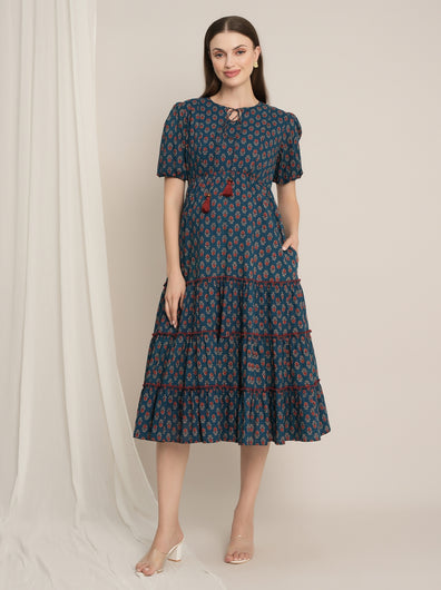 Blue Maternity Pure Cotton Printed Tiered Midi Dress