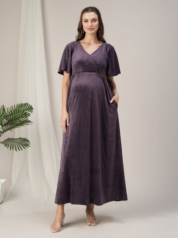 Maternity & Nursing Purple Velvet Zipless Maxi Dress