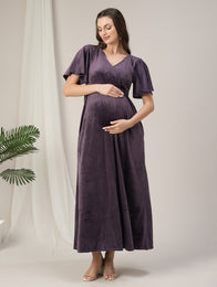 Maternity & Nursing Purple Velvet Zipless Maxi Dress