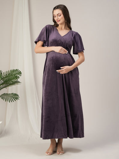 Maternity & Nursing Purple Velvet Zipless Maxi Dress
