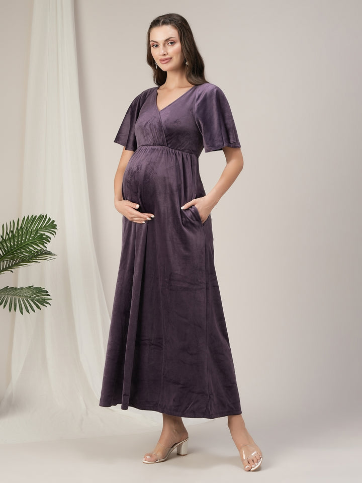 Maternity & Nursing Purple Velvet Zipless Maxi Dress