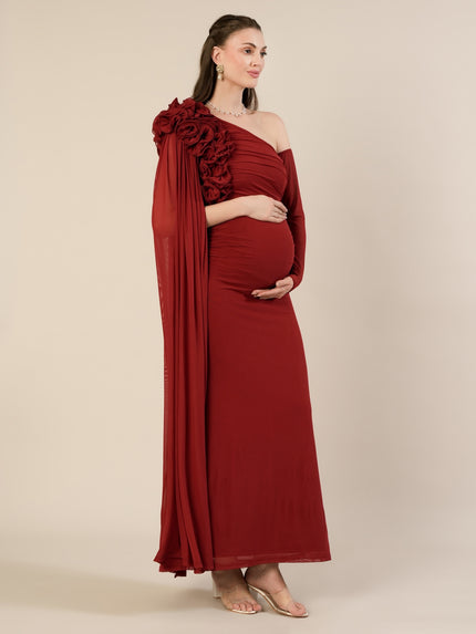 Maternity Red Bodycon Gown with Detachable Train and Sleeves