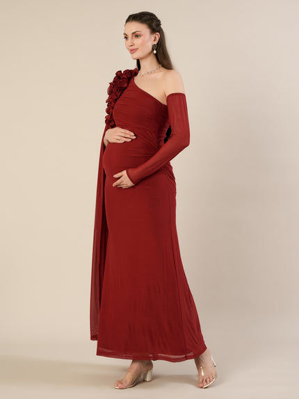 Maternity Red Bodycon Gown with Detachable Train and Sleeves