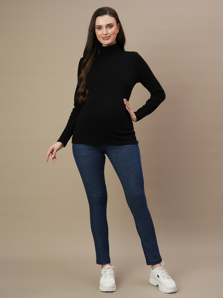 Maternity Rib-knit High Neck Top- Black