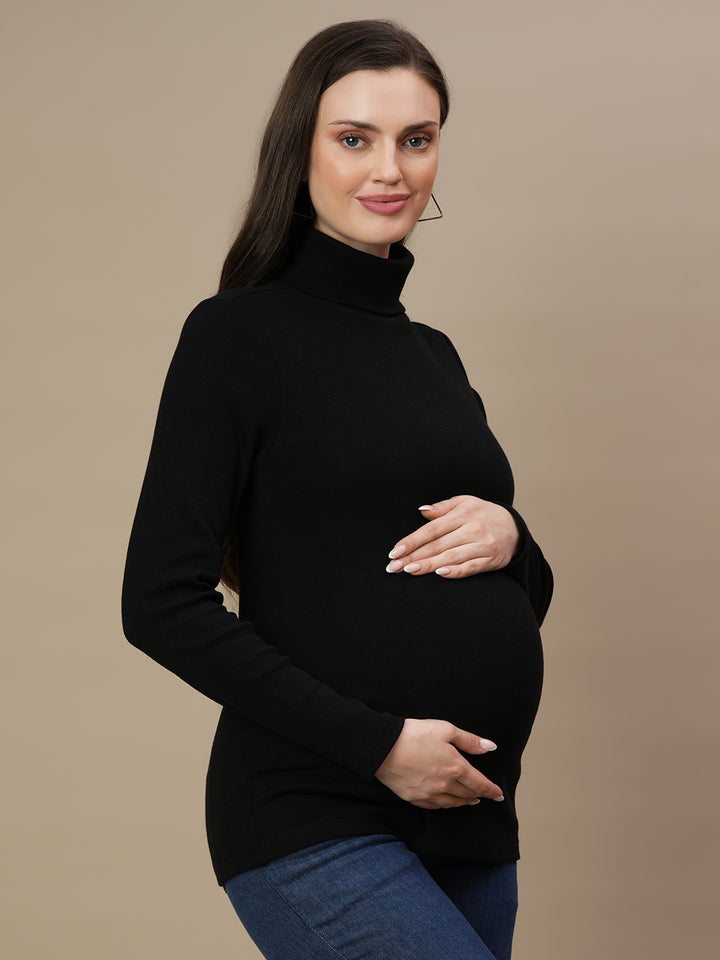Maternity Rib-knit High Neck Top- Black