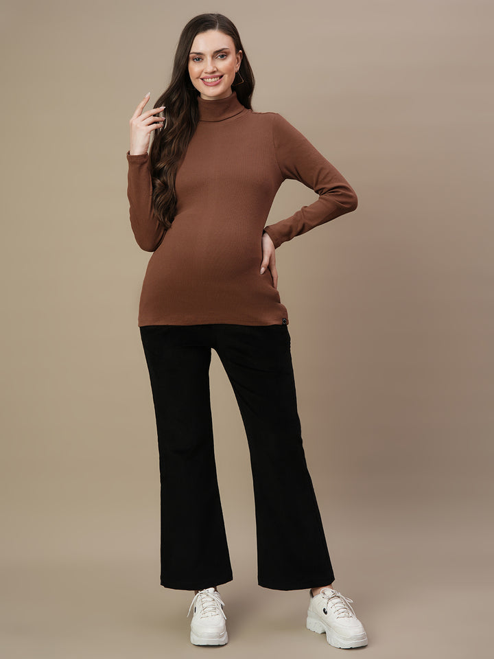 Maternity Rib-knit High Neck Top- Brown