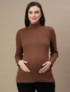 Maternity Rib-knit High Neck Top- Brown
