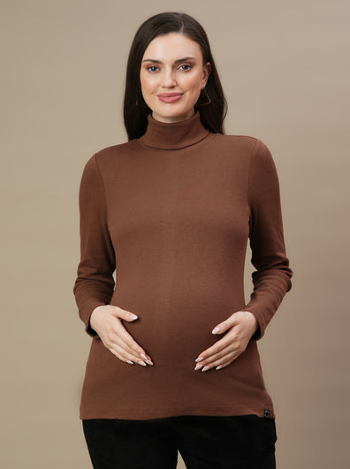Maternity Rib-knit High Neck Top- Brown
