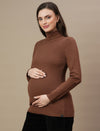 Maternity Rib-knit High Neck Top- Brown
