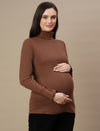 Maternity Rib-knit High Neck Top- Brown