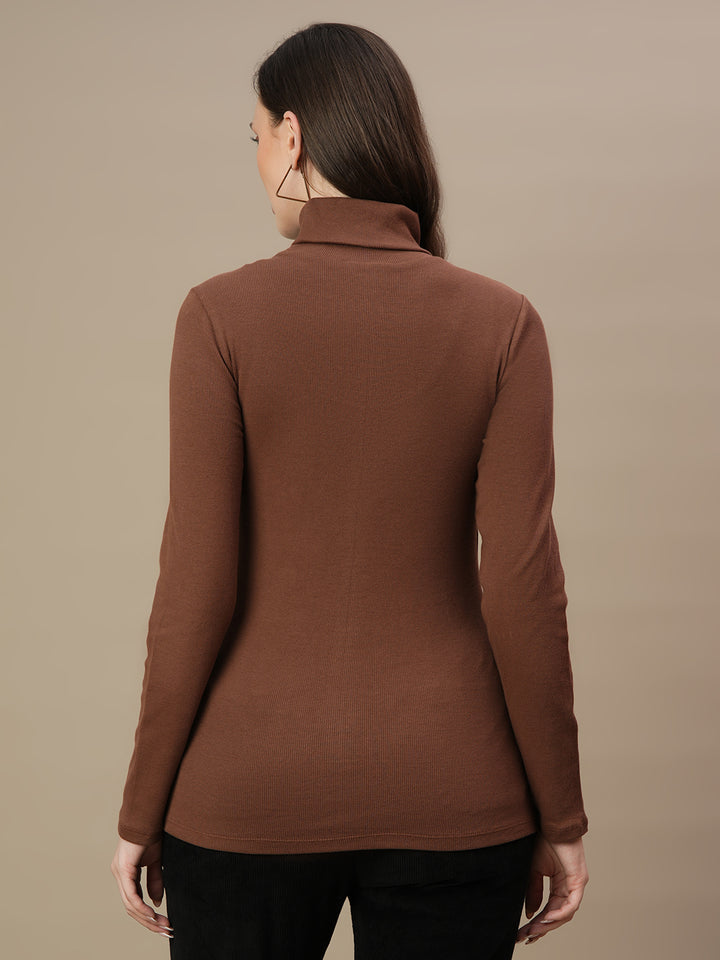 Maternity Rib-knit High Neck Top- Brown