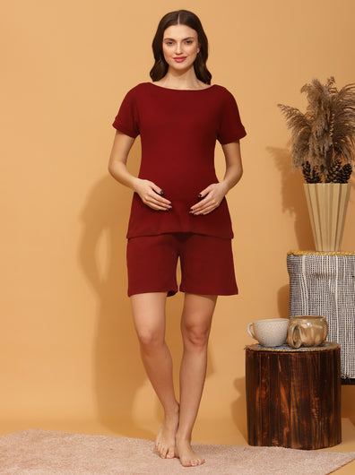 Maternity Shorts with T-shirt Set- Burgundy