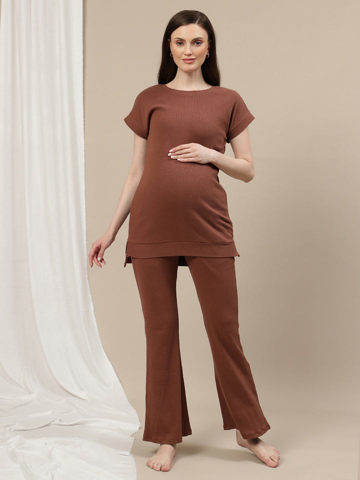 Maternity Ribbed Top- Brown
