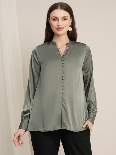 Maternity Satin Formal Shirt - Green