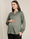 Maternity Satin Formal Shirt - Green