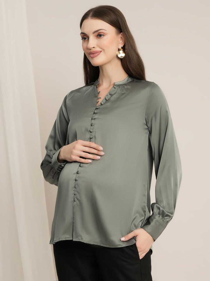 Maternity Satin Formal Shirt - Green