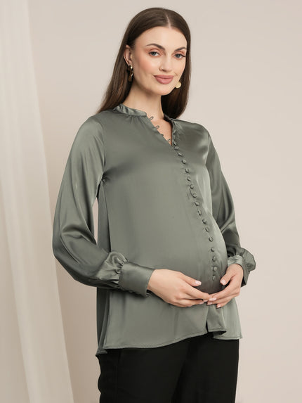 Maternity Satin Formal Shirt - Green